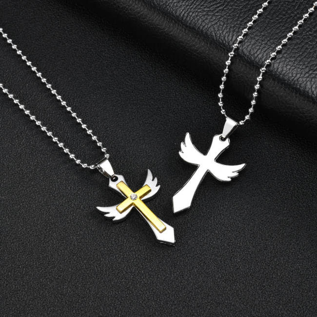 Wholesale Two-Tone Stainless Steel Angel Wing Cross Pendant with CZ