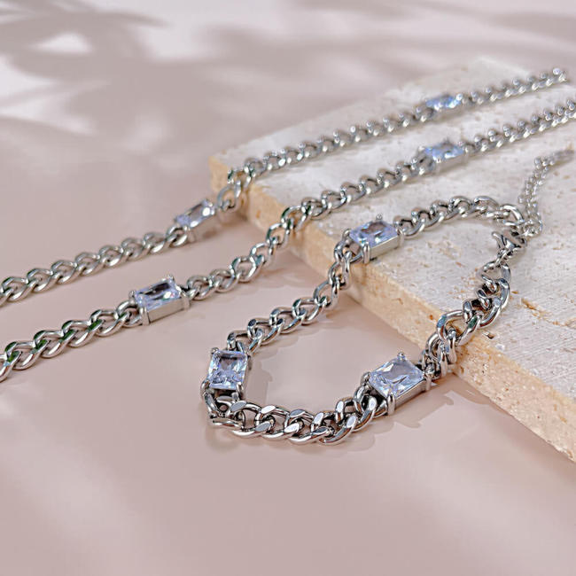 Wholesale Stainless Steel Emerald-Cut CZ Curb Chain Set