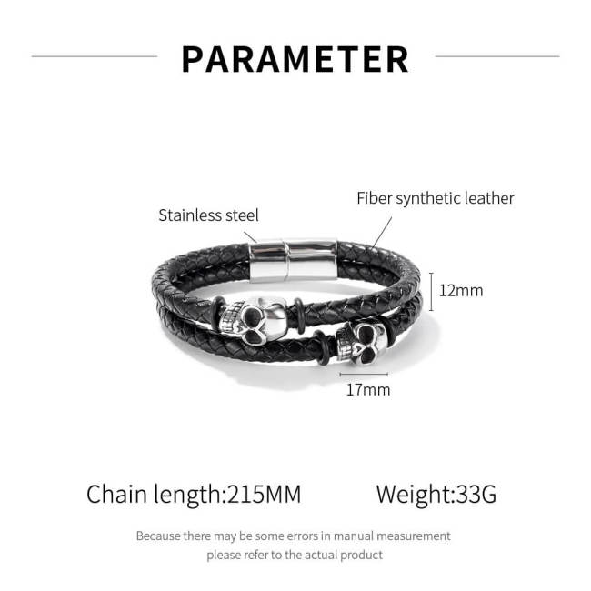 Wholesale Double-Strand Braided Leather Bracelet with Skulls