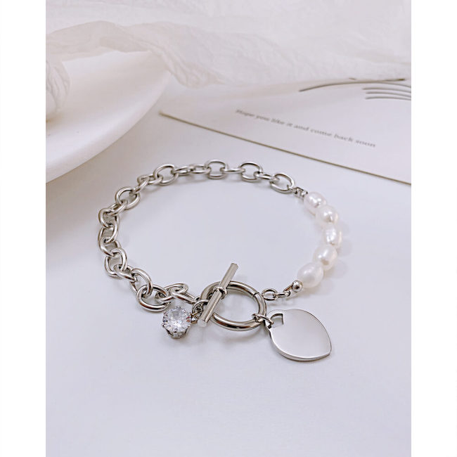 Wholesale Stainless Steel Pearl Heart Toggle Bracelet