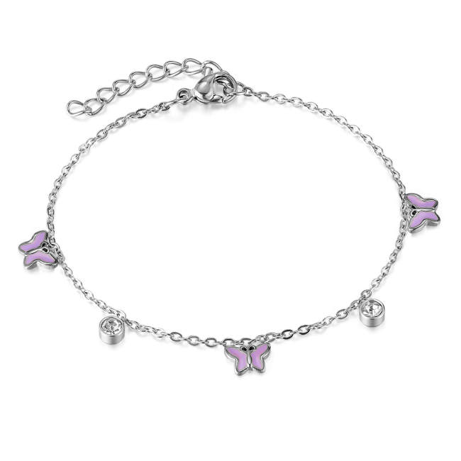 Wholesale Stainless Steel Purple Enamel Butterfly CZ Bracelet