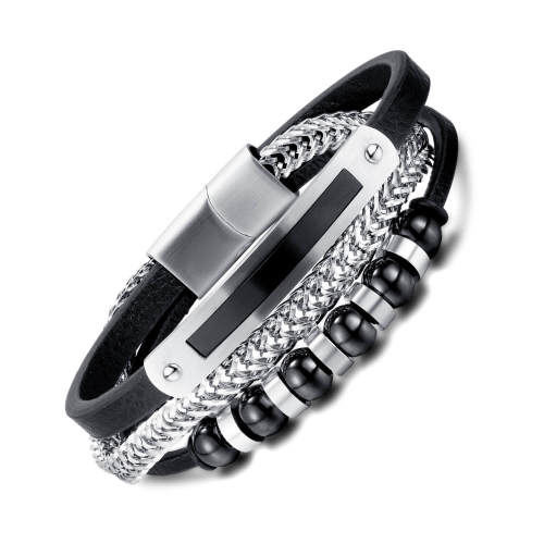 Wholesale Steel Men's Multi-Strand Leather Beaded Bracelet