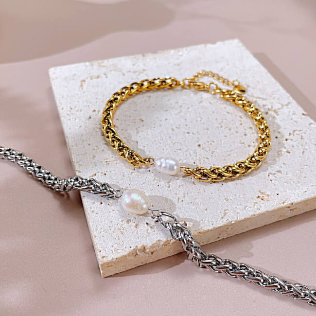 Wholesale Stainless Steel Wheat Chain Freshwater Pearl Bracelet