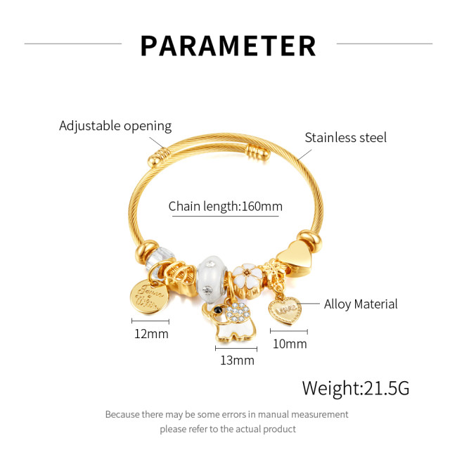 Wholesale Stainless Steel Elephant Heart Bead Bangle