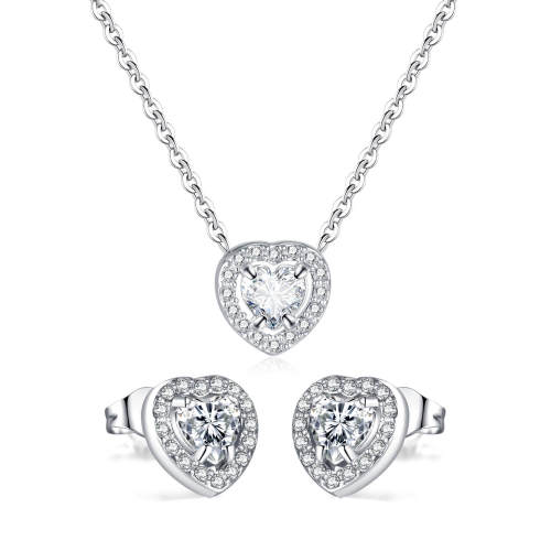 Wholesale Stainless Steel Heart CZ Necklace and Earrings Set