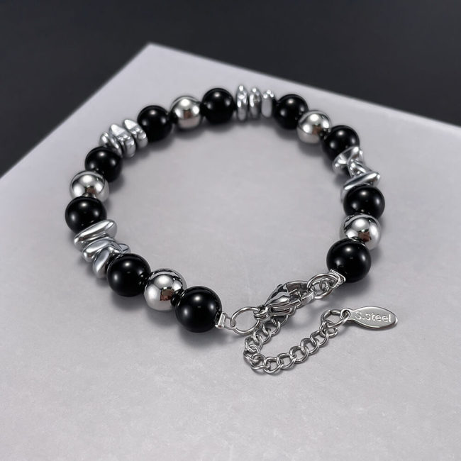 Wholesale Stainless Steel Onyx and Gallstones Bead Bracelet