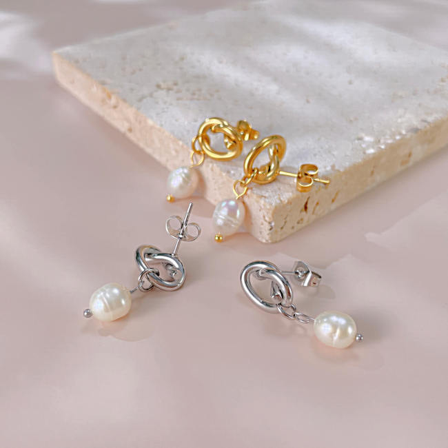 Wholesale Stainless Steel Love Knot Pearl Dangle Earrings
