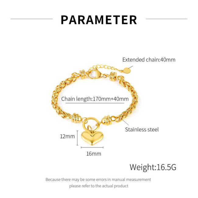 Wholesale Stainless Steel Wheat Chain Puffy Heart Bracelet
