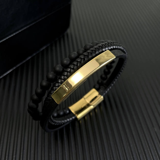 Wholesale Engravable ID Bar Black Onyx Leather Bracelet