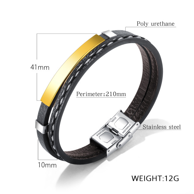 Wholesale Stainless Steel Engravable Stitched Leather Bracelet