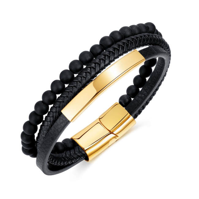 Wholesale Engravable ID Bar Black Onyx Leather Bracelet