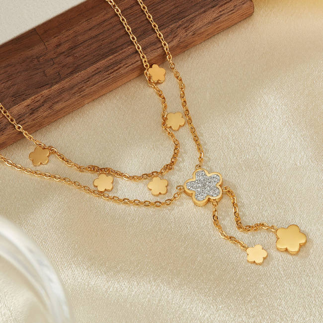 Wholesale Stainless Steel Layered Flower Pavé CZ Y-Necklace
