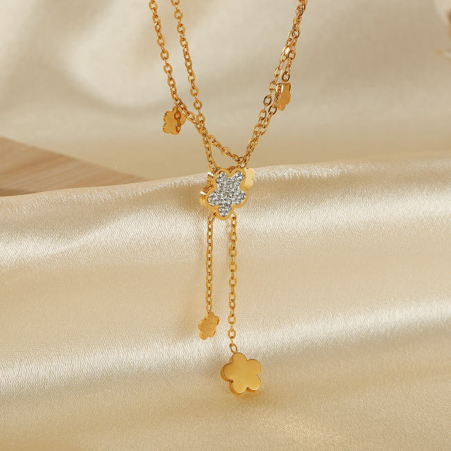 Wholesale Stainless Steel Layered Flower Pavé CZ Y-Necklace