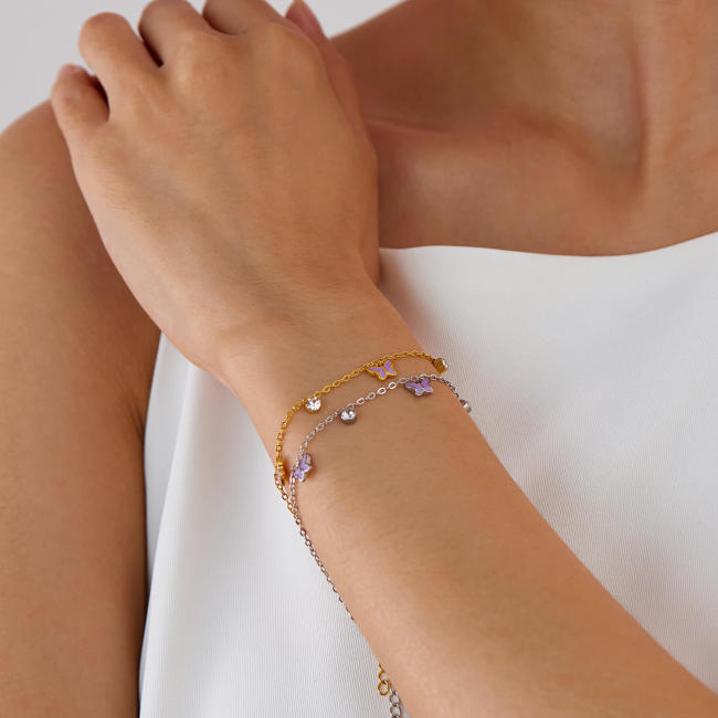 Wholesale Stainless Steel Purple Enamel Butterfly CZ Bracelet