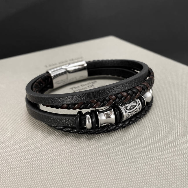 Wholesale Viking Rune Bead Layered Leather Bracelet