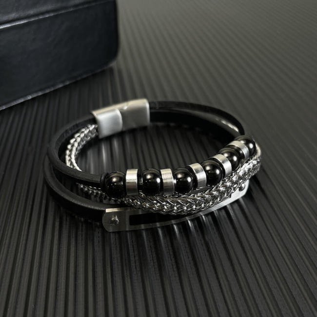 Wholesale Steel Men's Multi-Strand Leather Beaded Bracelet