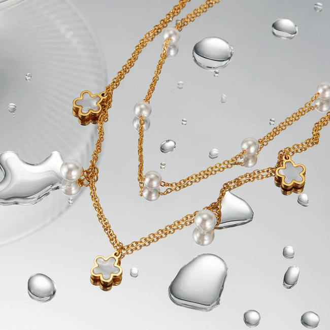 Wholesale Stainless Steel Layered Flower Pearl Necklace