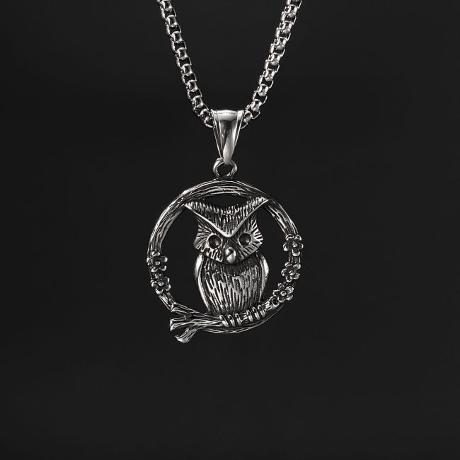 Wholesale Stainless Steel Vintage Owl on Branch Pendant
