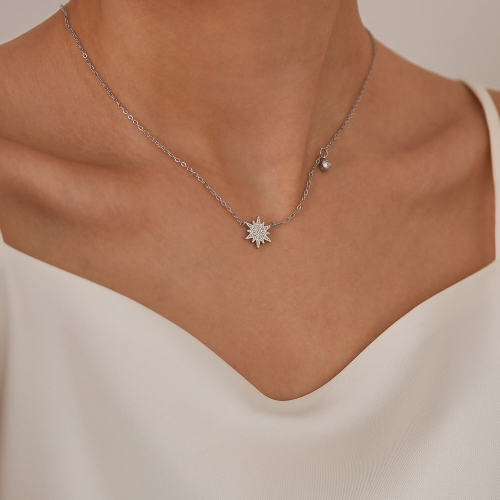 Wholesale Stainless Steel Sunflower Pavé CZ Necklace