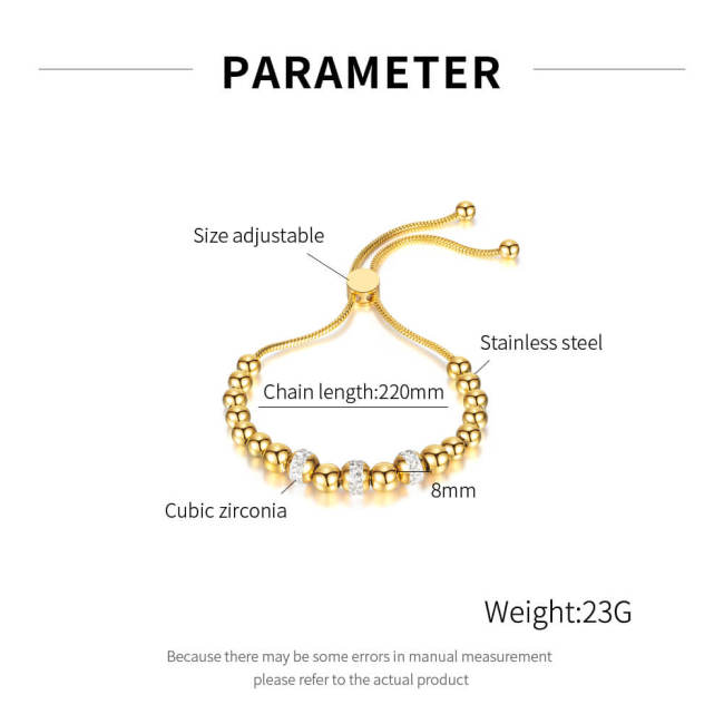 Wholesale Stainless Steel Adjustable Bead and CZ Bolo Bracelet