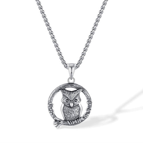 Wholesale Stainless Steel Vintage Owl on Branch Pendant