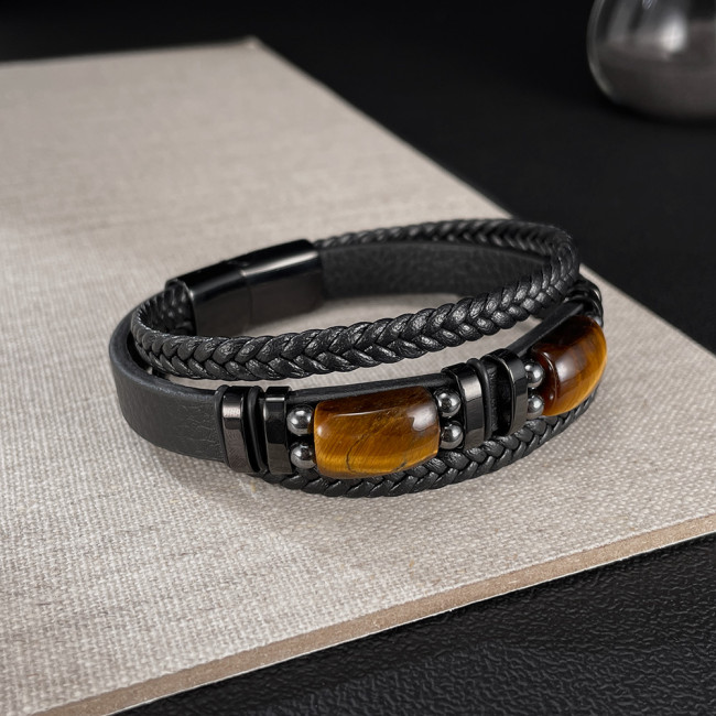 Wholesale Stainless Steel Tiger Eye Leather Bracelet