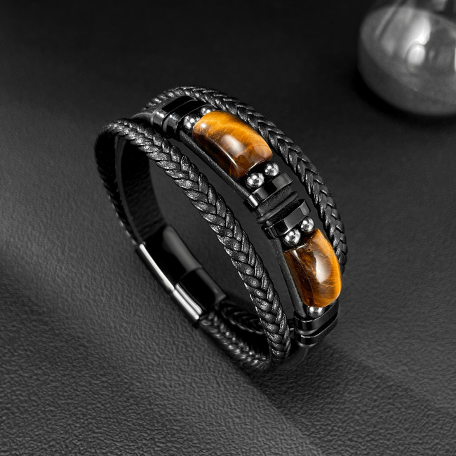 Wholesale Stainless Steel Tiger Eye Leather Bracelet