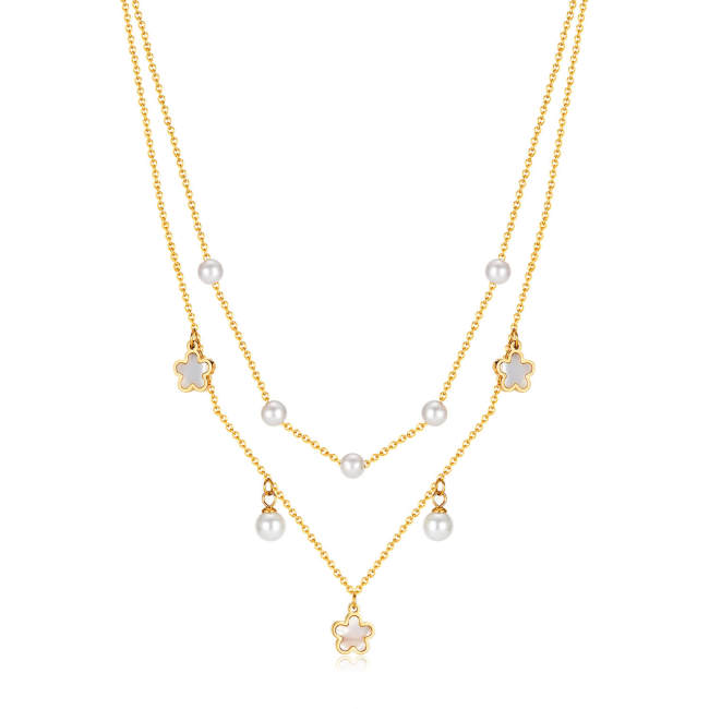 Wholesale Stainless Steel Layered Flower Pearl Necklace