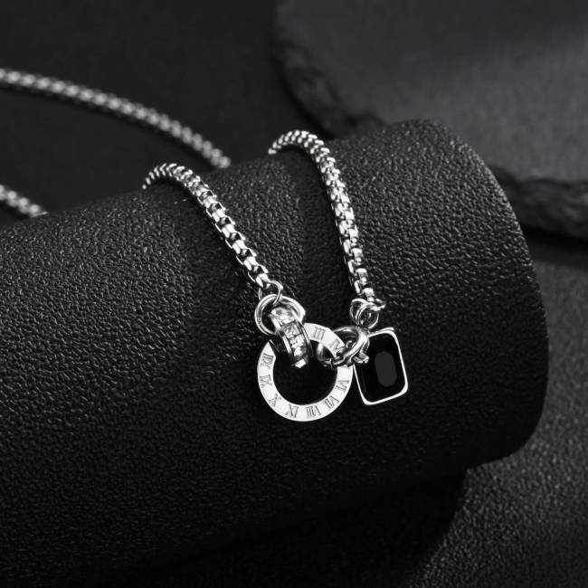 Wholesale Stainless Steel Round Link Black Gemstone Pendant Necklace