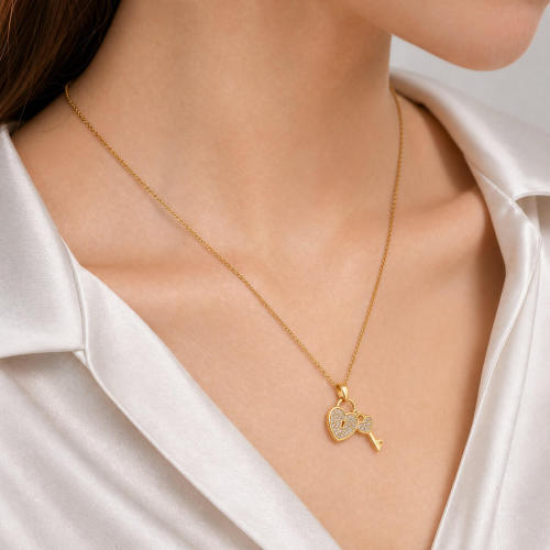 Wholesale Stainless Steel CZ Heart Lock Key Necklace