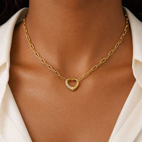 Wholesale Gold CZ Heart Lock Paperclip Chain Necklace