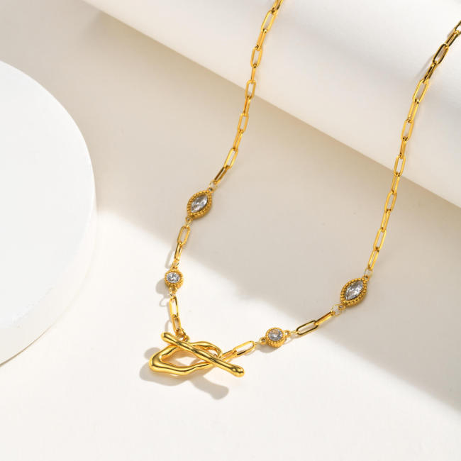 Wholesale Gold Stainless Steel CZ Toggle Chain Necklace