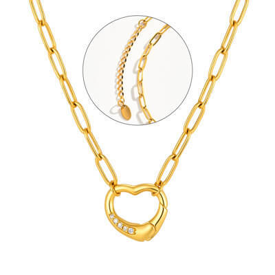 Wholesale Gold CZ Heart Lock Paperclip Chain Necklace