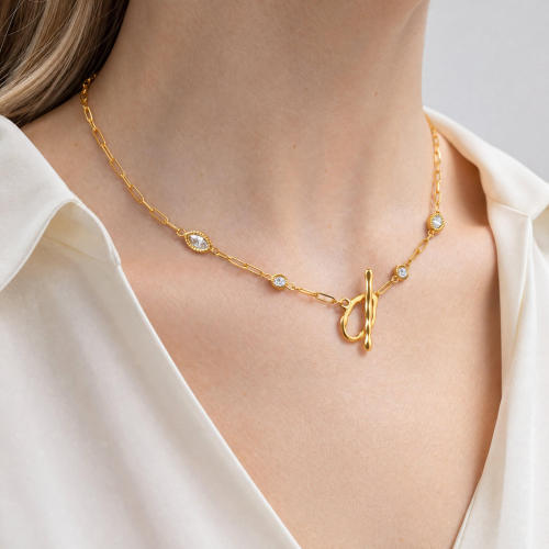 Wholesale Gold Stainless Steel CZ Toggle Chain Necklace