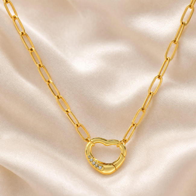 Wholesale Gold CZ Heart Lock Paperclip Chain Necklace