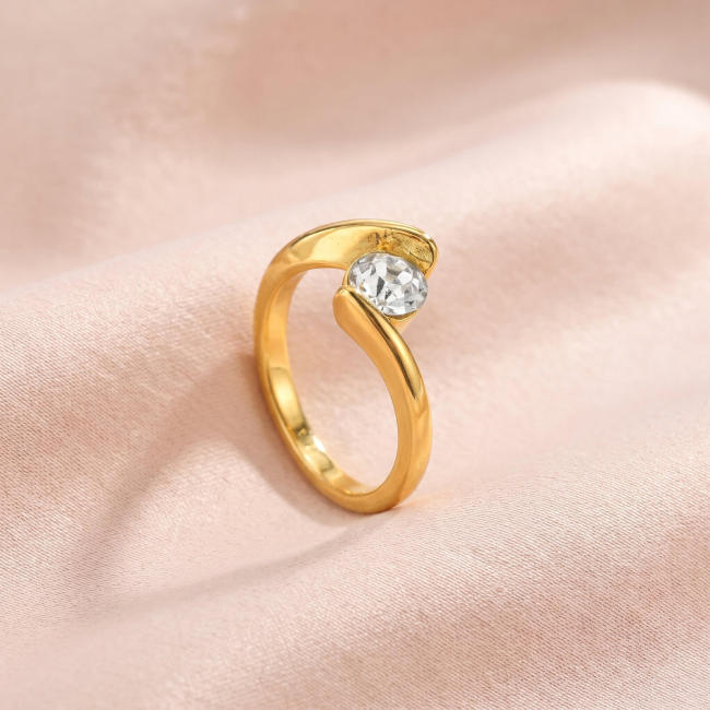 Wholesale Stainless Steel Gold Solitaire CZ Bypass Ring