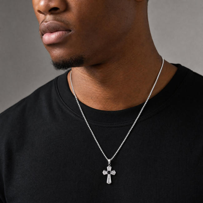 Wholesale Stainless Steel Cross Pendant with Black Onyx