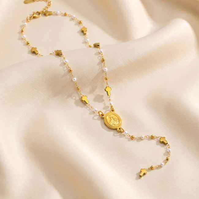 Wholesale Stainless Steel Faux Pearl Rosary Style Y Necklace