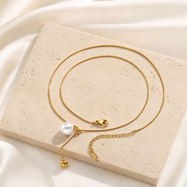 Wholesale Stainless Steel Faux Pearl and Ball Y Necklace