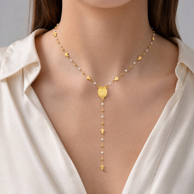 Wholesale Stainless Steel Faux Pearl Rosary Style Y Necklace