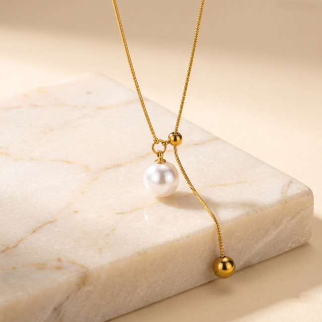 Wholesale Stainless Steel Faux Pearl and Ball Y Necklace