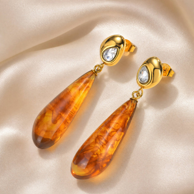 Wholesale Stainless Steel CZ Amber Color Resin Drop Earrings