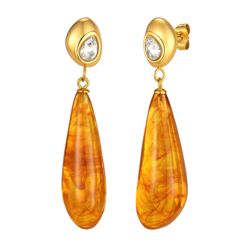 Wholesale Stainless Steel CZ Amber Color Resin Drop Earrings
