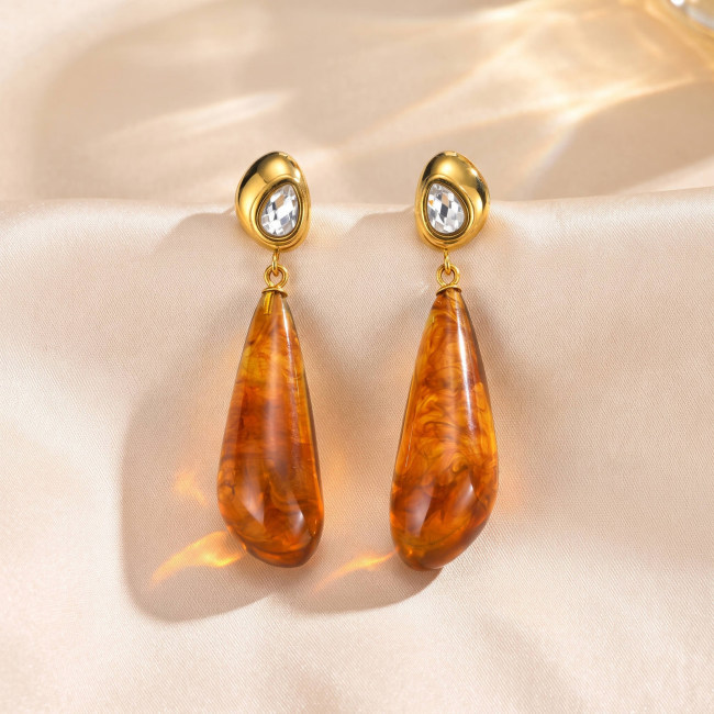 Wholesale Stainless Steel CZ Amber Color Resin Drop Earrings