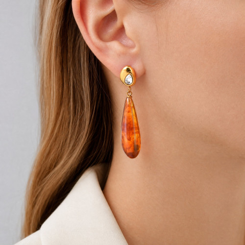 Wholesale Stainless Steel CZ Amber Color Resin Drop Earrings