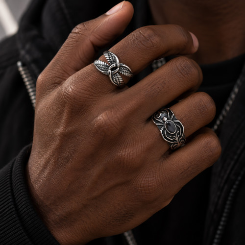 Wholesale Stainless Steel Wing and Black Onyx Spider Rings
