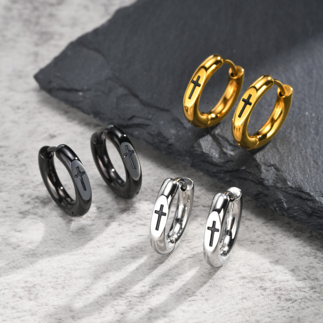 Wholesale Stainless Steel Religious Black Cross Hoop Earrings
