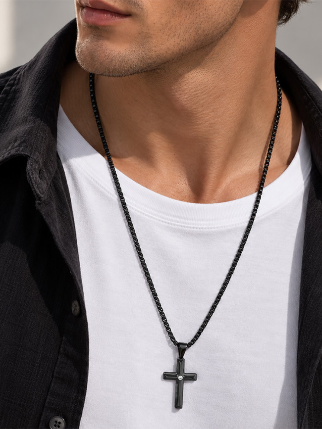 Wholesale Black PVD Stainless Steel CZ Cross Pendant