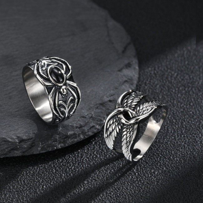 Wholesale Stainless Steel Wing and Black Onyx Spider Rings