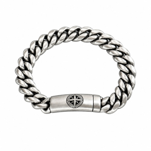Wholesale Men's Antiqued Stainless Steel Curb Chain Bracelet with Compass Star Design